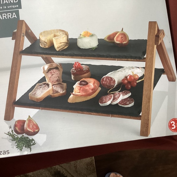 Ernesto 3 pc Slate Serving Stand 2 Tier Slate Acacia Wood Frame New - Picture 4 of 11